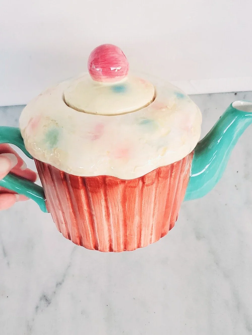 Cupcake Teapot Sprinkles Cherry Lid Ceramic Green Multi Colored Pastel Vintage